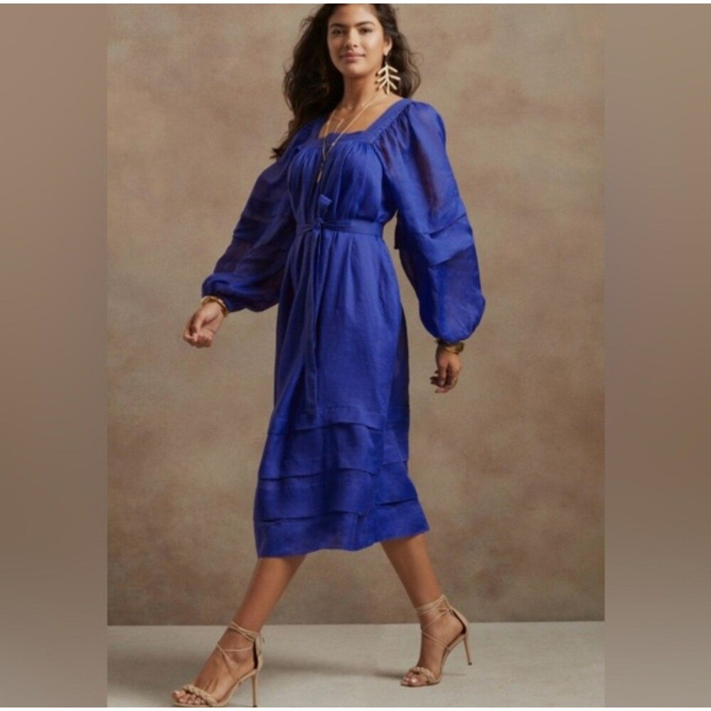 Banana Republic Womens Long Sleeve Square Neck Midi Ramie Blue Dress Size M